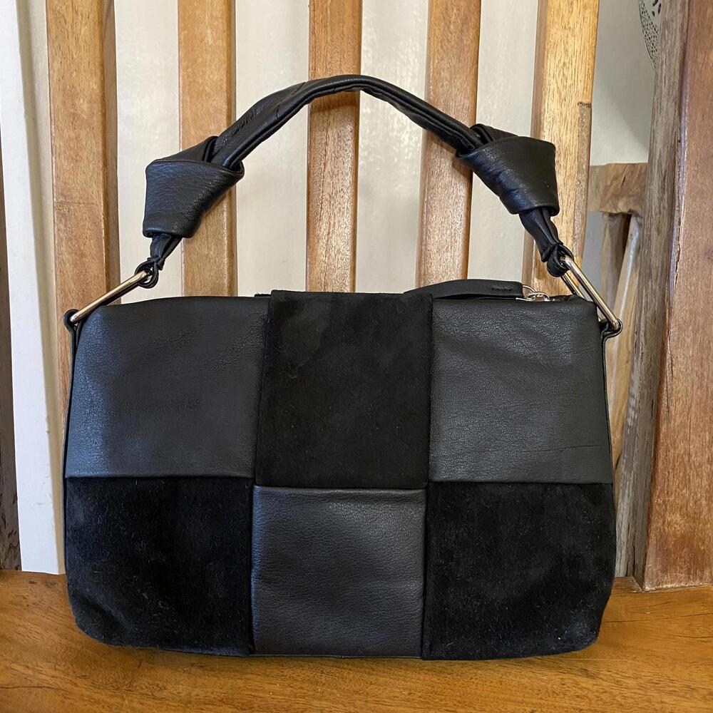 ASOS DESIGN Leather and Suede Weave Handbag Black with Knotted Top Handle